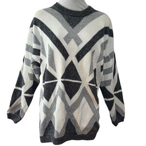 100% Cotton Geometric Slouchy Knit Sweater White Grey & Charcoal Size Medium
